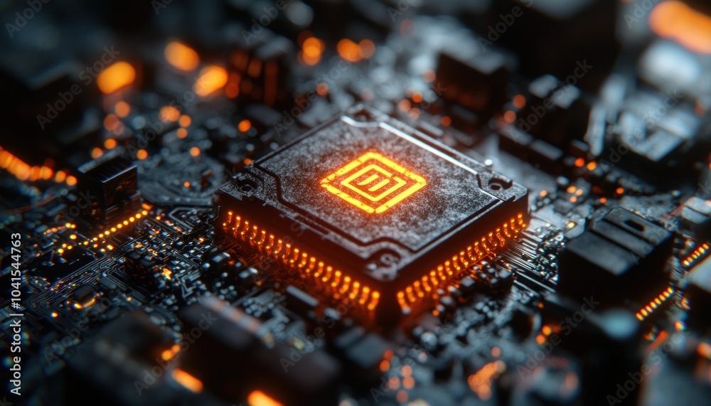 Poster Close-up of a glowing circuit board with a square symbol.