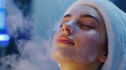 Facial steaming process for a young woman s skin prior to cleansing at a beauty treatment center