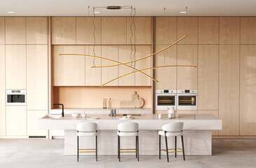 Explore the beauty of a Modern Minimalist Kitchen Design complemented by Unique Lighting Features, 3d rendering