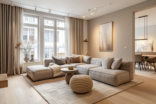 Interior of light living room with grey sofas, window and houseplant