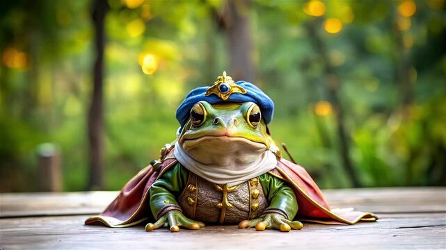 A frog in a nobleman's costume. The camera pulls back.