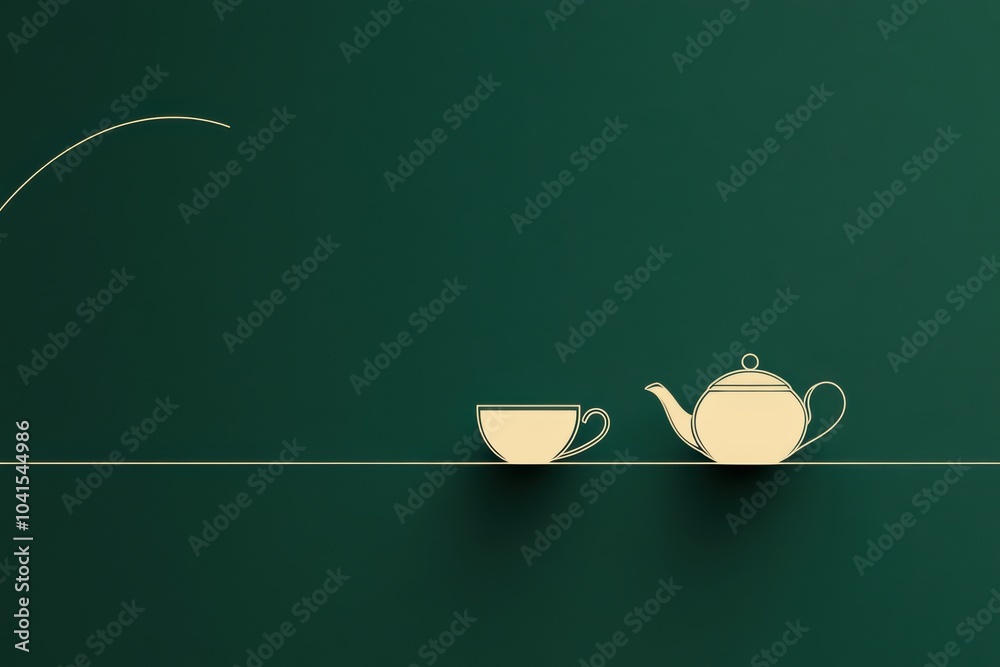 Poster A minimalist design features a delicate teapot and cup drawn with simple lines against a tranquil green background, perfect for relaxation. Generative AI