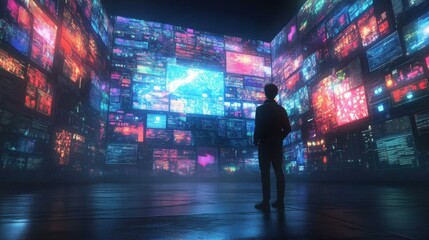Man facing a series of holographic screens displaying an animated stream of social media feeds, surrounded by visuals of metaverse communities and virtual conversations.