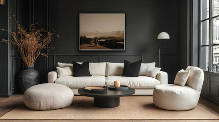 Modern Living Room Design with White Sofa, Black Coffee Table, and Beige Rug
