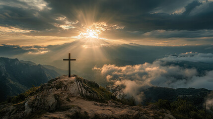 Cross on the top of mountain, stock photo
