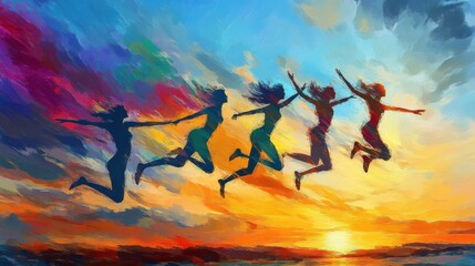 Whimsical figures in bright, bold colors stretching and leaping against a sunset backdrop, representing freedom and the pursuit of dreams in an artistic style.