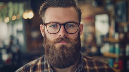 Fototapeta premium Man with a Full Beard and Glasses in a Cozy Barber Shop Men s Haircuts and Styles