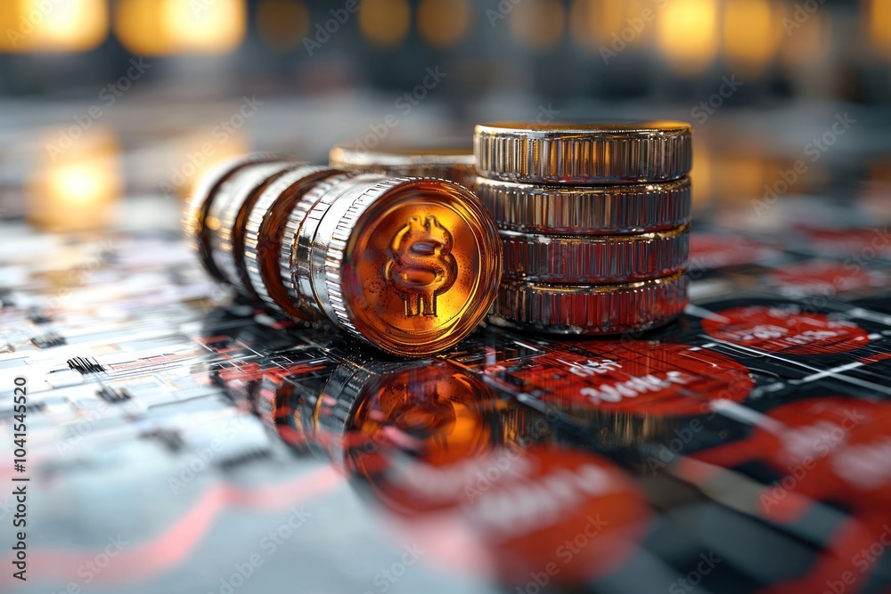 Poster gold coin stack with dollar sign symbol on a circuit board