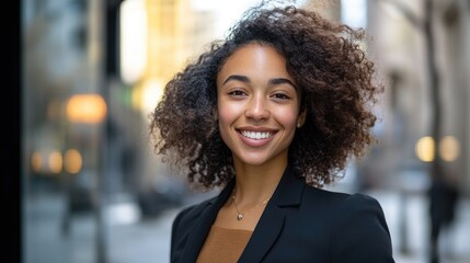 Obraz premium Joyful and confident young woman in professional attire smiles at the camera while standing outdoors in an urban setting