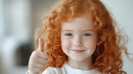 Naklejka premium Playful young girl with curly ginger hair and freckles giving a thumbs up She appears adorable and innocent yet has a hint of mischief
