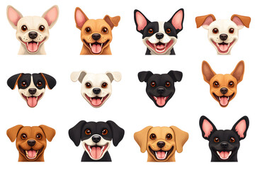 Fototapeta premium Collection of cartoon style dog faces isolated on white background