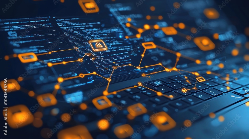 Poster Abstract digital network and data security on a laptop keyboard