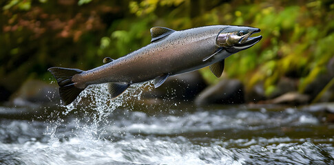 Fototapeta premium Wild chinook salmon fish jumping out of river water 