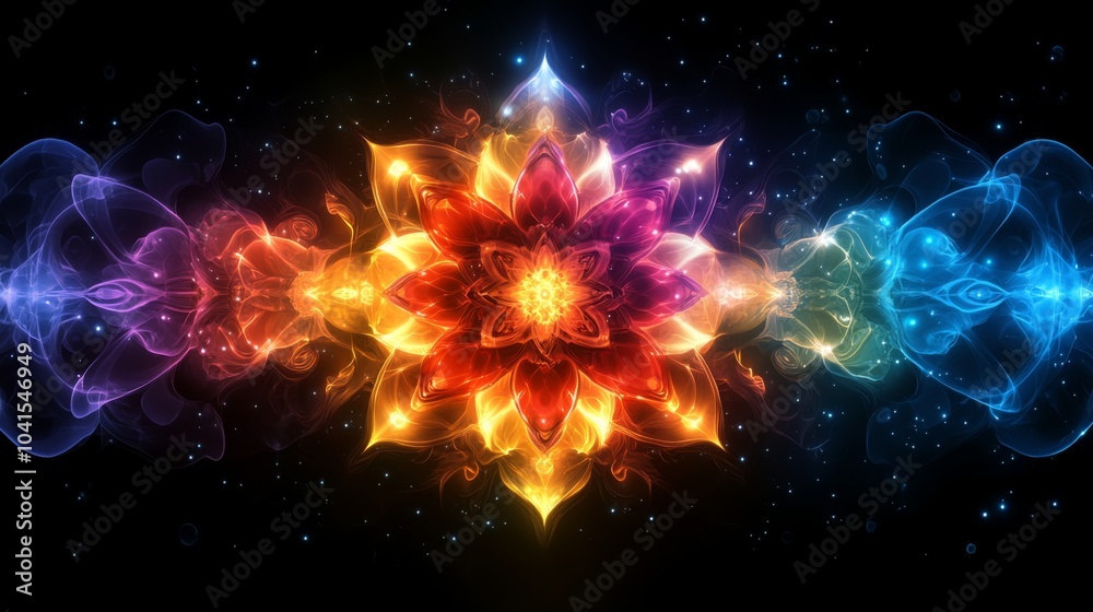 Poster a vibrant mandala radiates with hues of red, orange, blue, and purple, creating a mesmerizing displa