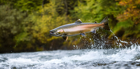 Fototapeta premium Wild chinook salmon fish jumping out of river water 