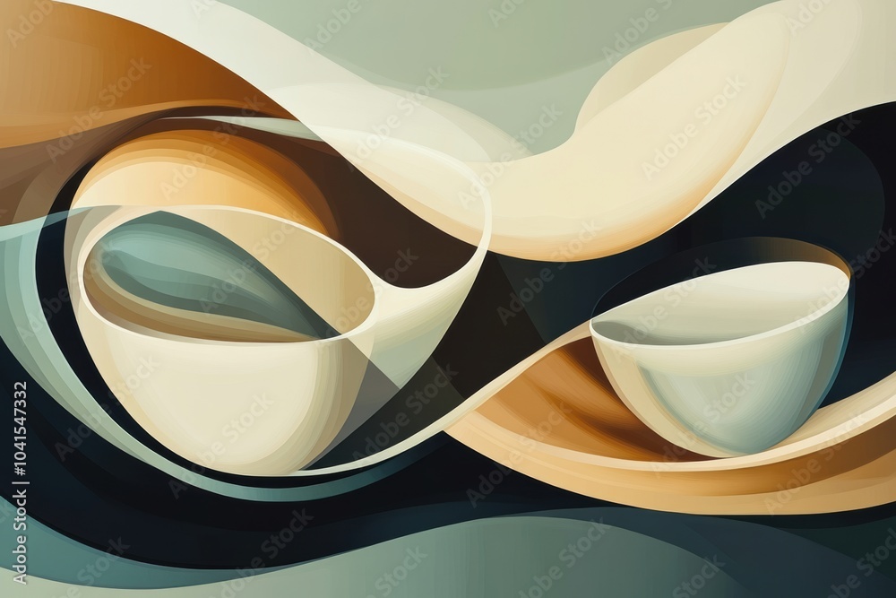Poster Soft, flowing shapes depict a spoon and cup, blending warm and cool tones to create an inviting and abstract composition. Generative AI
