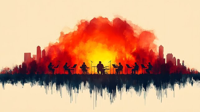 Lively watercolor background of Pakistani musicians performing during Republic Day, with traditional instruments and cultural attire