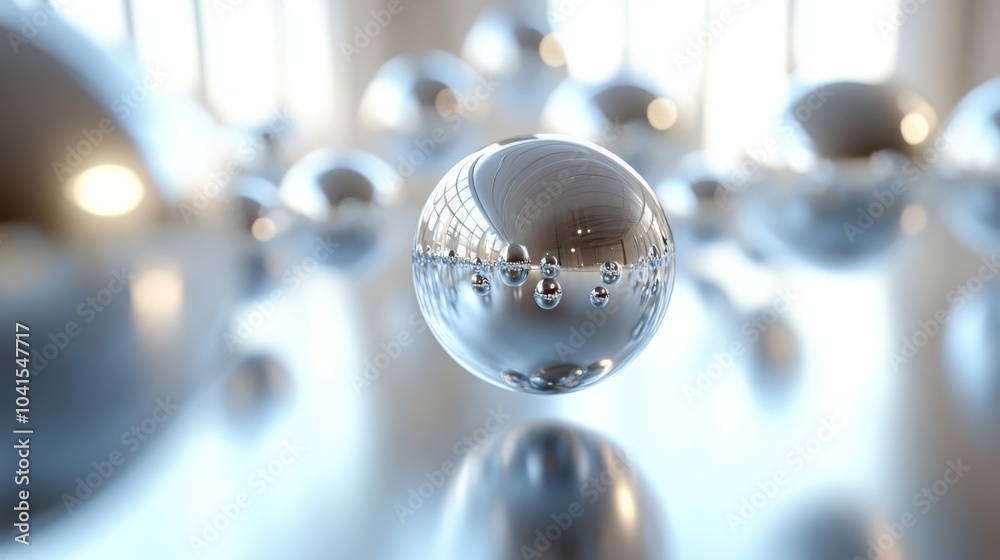Poster A collection of shiny metallic spheres lies scattered in a well-lit room, creating mesmerizing reflections as sunlight streams through large windows.