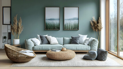 Living Room Interior Design with Wicker Furniture and Nature-Inspired Decor