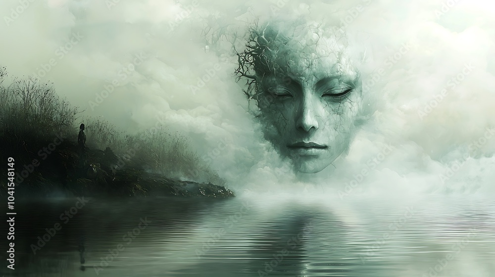 Poster the enigmatic deity of mist whose face is revealed only in glimmering reflections amidst ethereal fo