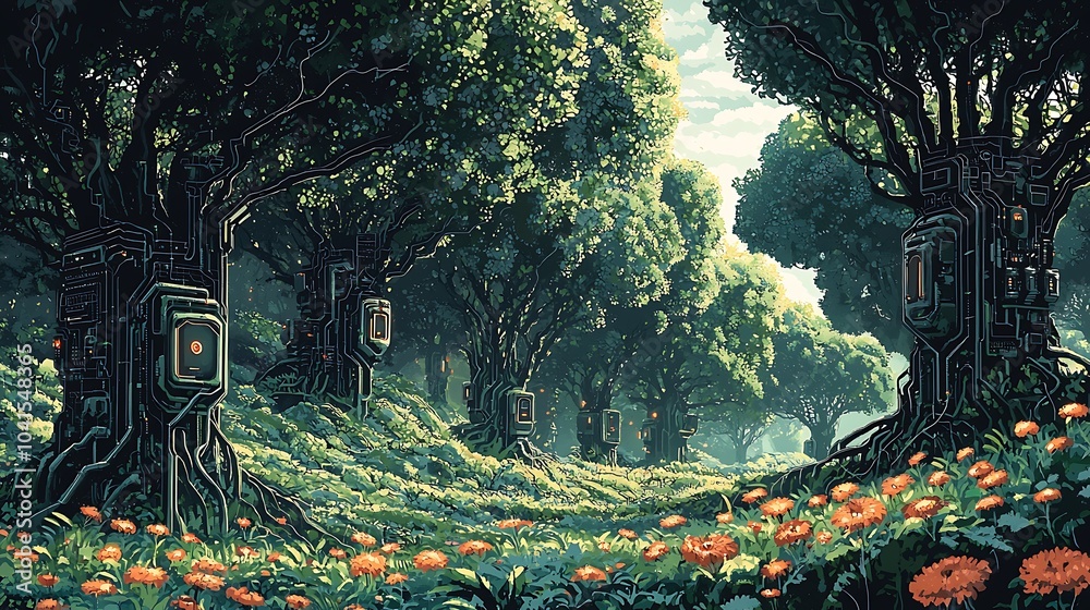 Poster A surreal forest of mechanical trees with intricate branches and vibrant flora blending nature and technology in harmony