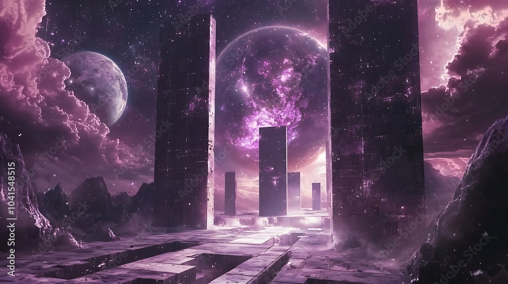 Poster exploring a futuristic urban landscape with majestic structures under a celestial sky and ethereal e