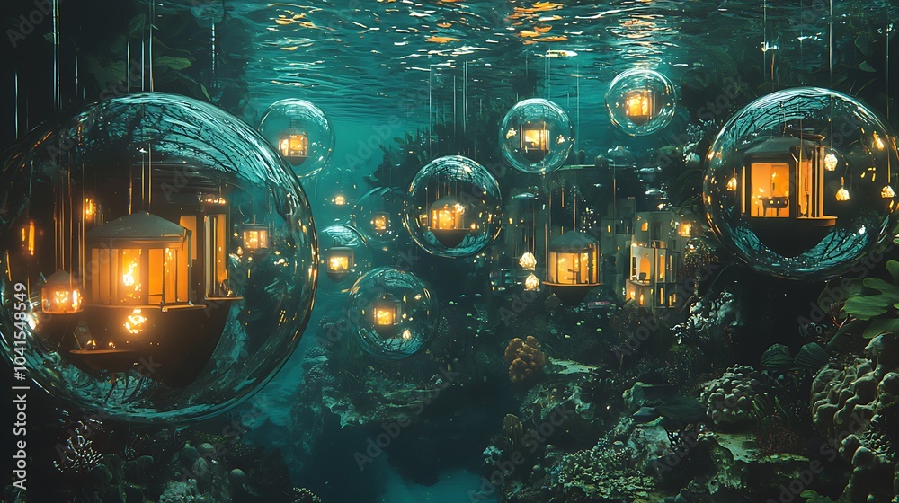Poster exploring a magical underwater realm the enchanting bubble forest at the ocean's depths where people