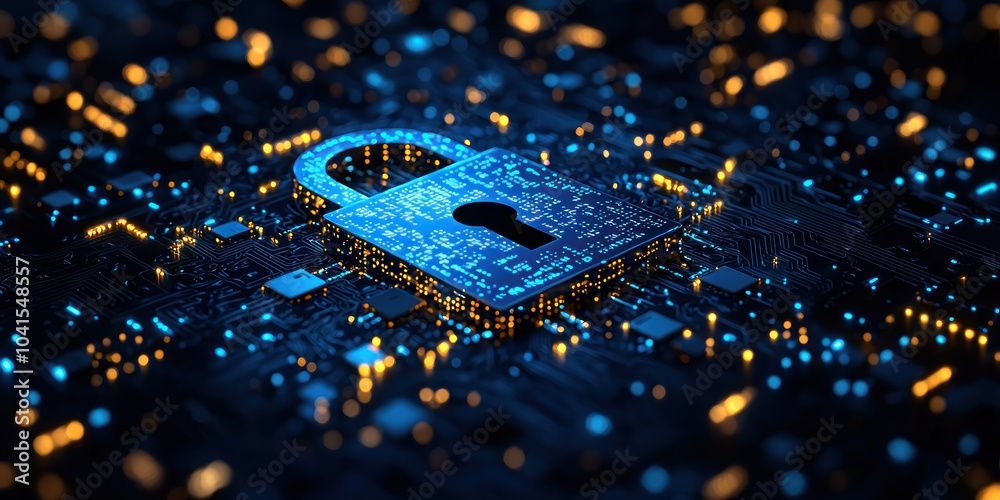 Poster a glowing padlock on a circuit board represents cybersecurity