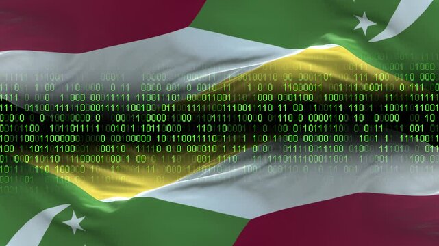 Comoros flag - 3D realistic waving flag on matrix digital background with binary code