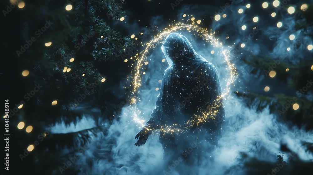 Aufkleber A mysterious being of translucent mist surrounded by enchanted lights in an ethereal forest setting
