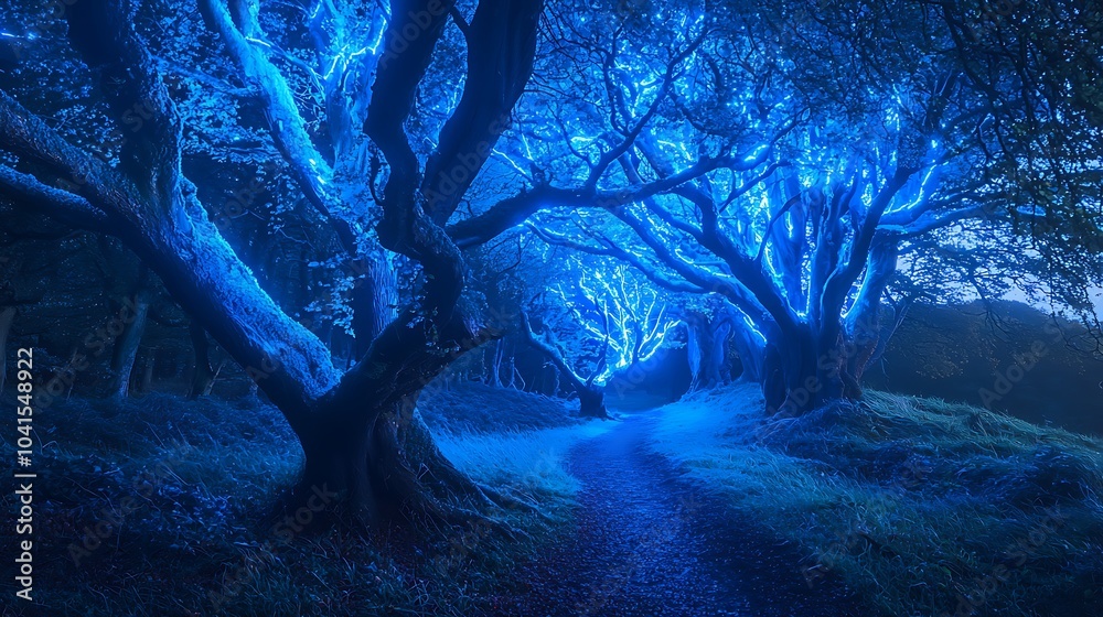 Poster exploring the enchantment of a mystical forest illuminated by glowing blue trees at night