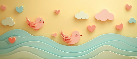 Paper Birds and Hearts on a Blue and Yellow Background.