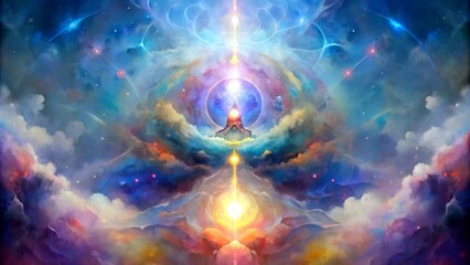 Fototapeta premium Cosmic spiritual artwork featuring a meditative figure surrounded by vibrant colors and ethereal clouds, mystical atmosphere