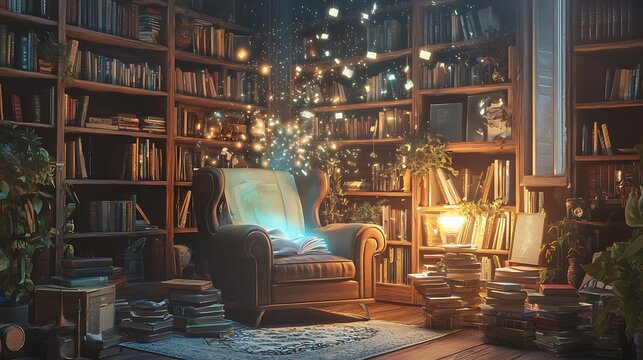Discover the enchantment of a mystical reading room with floating books and illuminating warmth for every book lover