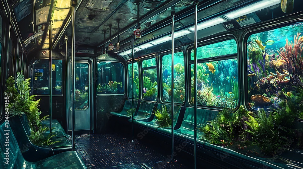Poster a surreal subway journey exploring an underwater wonderland within a subway car filled with dreamlik