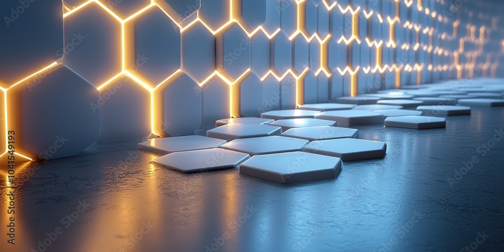 Poster glowing hexagon wall and floor pattern