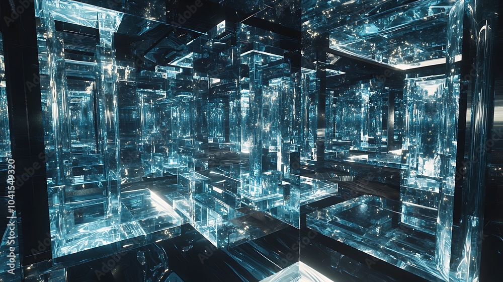 Poster exploring an alien city crafted from mirrored glass structures a journey through an otherworldly urb
