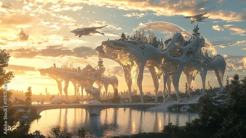 Aufkleber Exploring the enigmatic fusion of nature and technology in an architectural wonderland of morphing structures at sunset