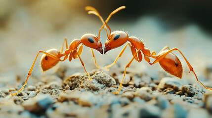 Fototapeta premium Two red ants facing each other, close-up shot.