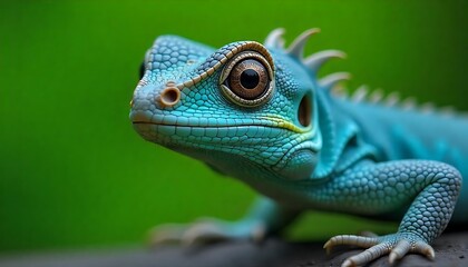 A close-up of a blue and green lizard with large eyes and spiky scales, against a blurred green background wallpaper banner created with generative ai	