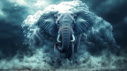 A majestic elephant formed entirely of storm clouds surrounded by lightning and thunderous energy in a darkened sky
