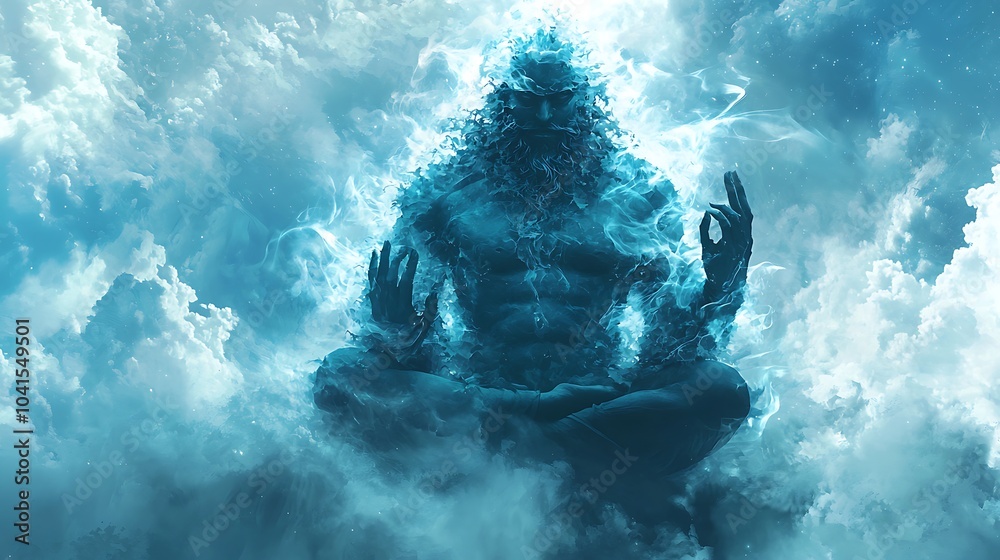 Poster Ethereal deity a mystical being manifested from the mist radiating serenity amidst the clouds and embracing tranquility