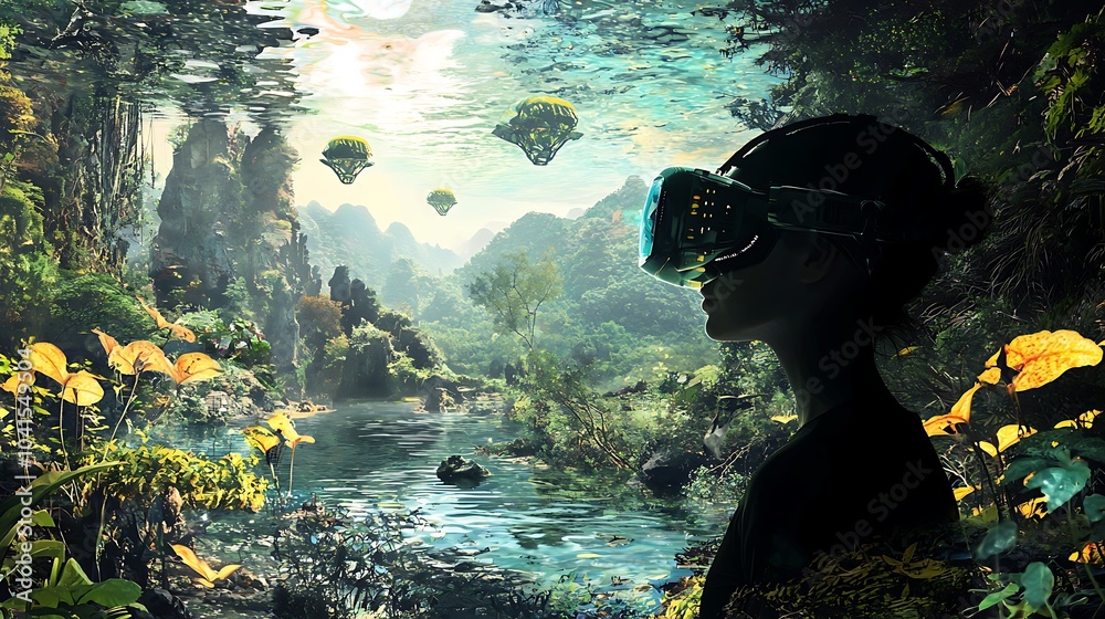 Poster exploring the intricate dance between nature and technology a journey into a futuristic landscape of