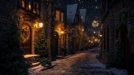 Fototapeta premium A street in a historic European town on a Christmas night