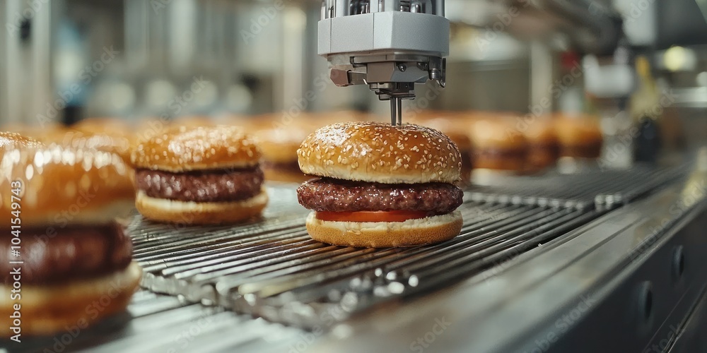Poster automated burger assembly line with sesame seed buns and beef patties
