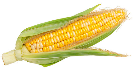 A single ear of fresh corn with husks partially peeled back, isolated on a white background