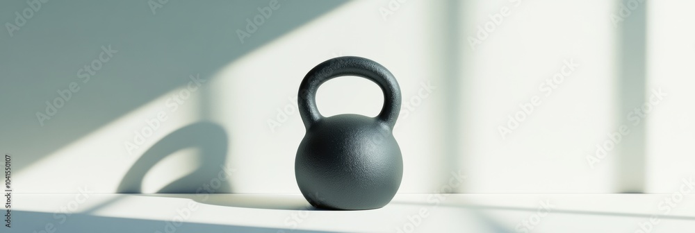 Poster a black kettlebell sits on a surface, lit by bright natural light, casting gentle shadows in a minim