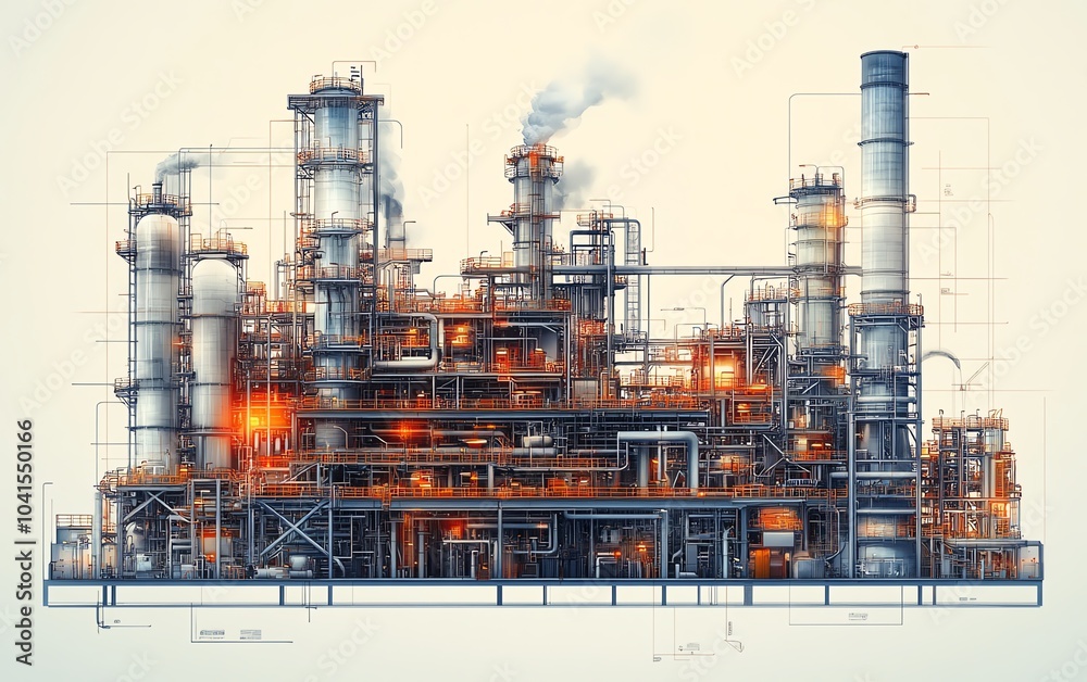 Poster detailed vector depiction of a gas plant with a refinery layout, presenting two layers of industrial