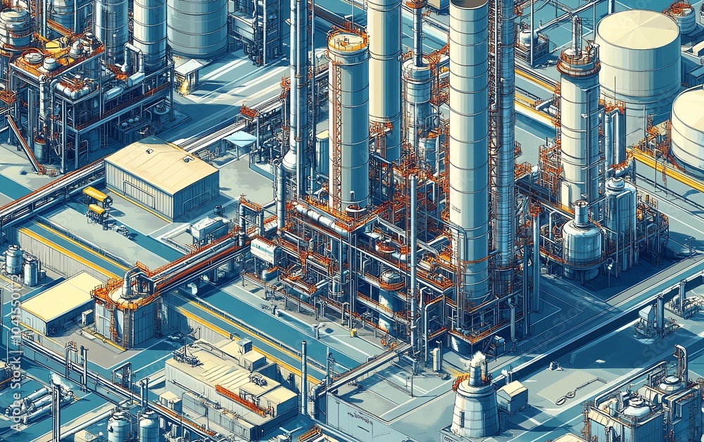 Aufkleber detailed vector depiction of a gas plant with a refinery layout, presenting two layers of industrial