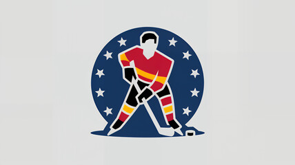 Obraz premium illustration of sign with hockey player with a red jersey and white and yellow stripes on it. Ice hockey web icon flat cartoon design graphic